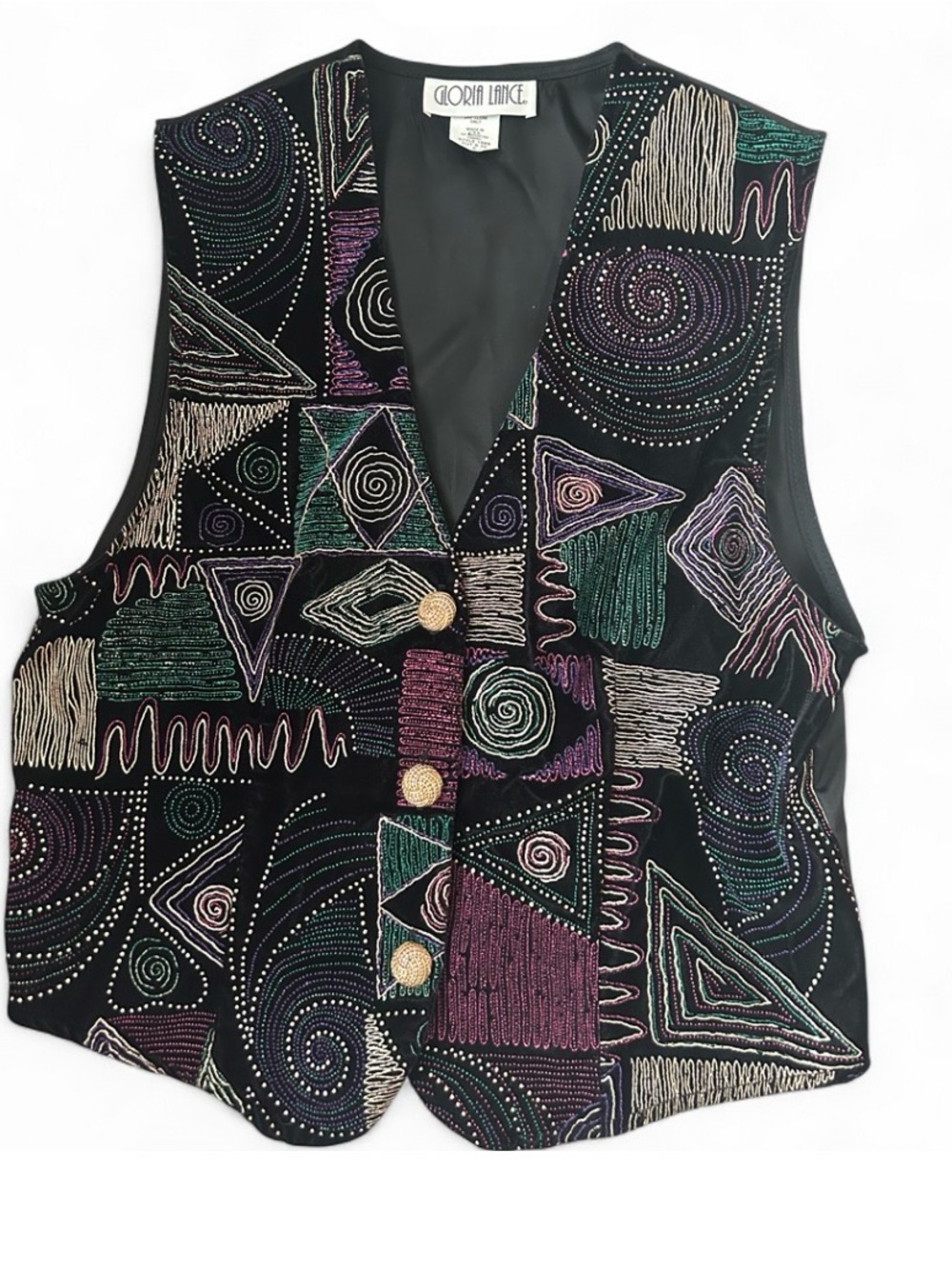 Vintage 80s Women's Black Embroidered Geometric Vest with ornate buttons - Small